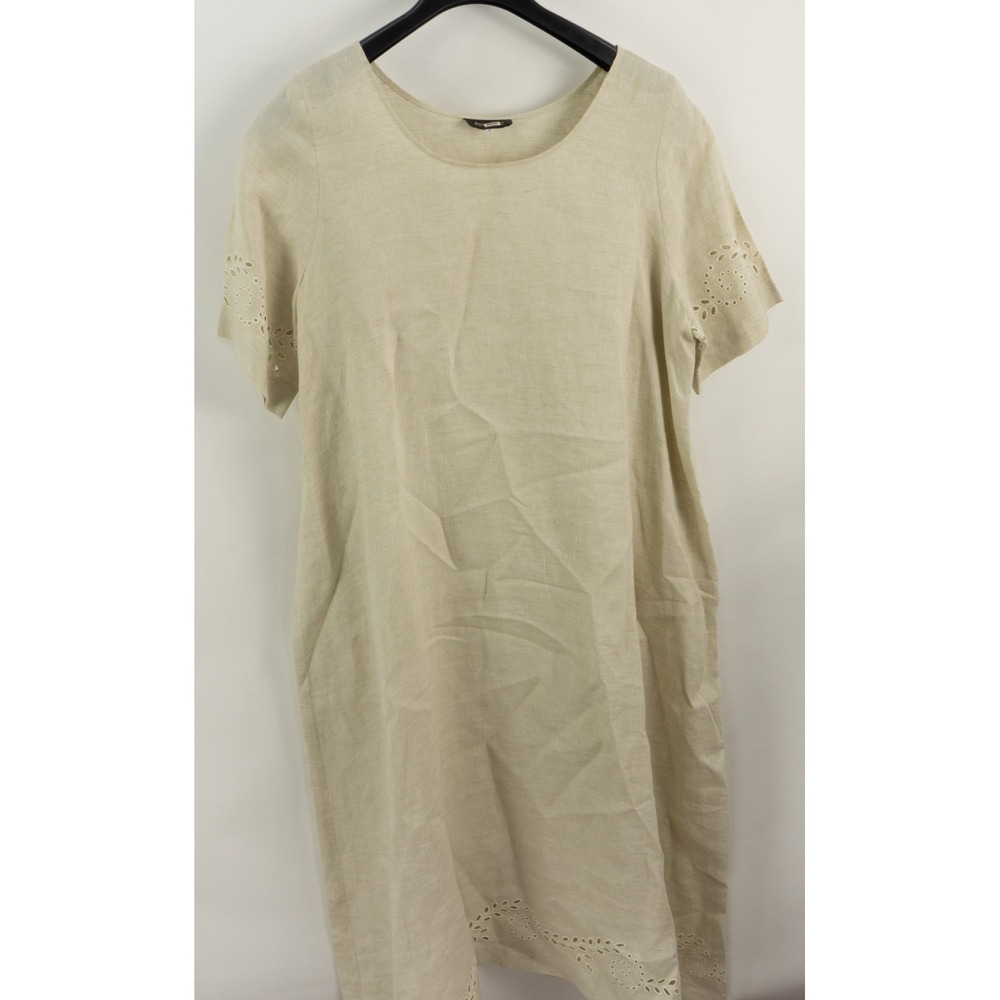 Eskandar Linen Eyelet Floral Round Neck Maxi Shirt Dress Womens 2 Tan Beige